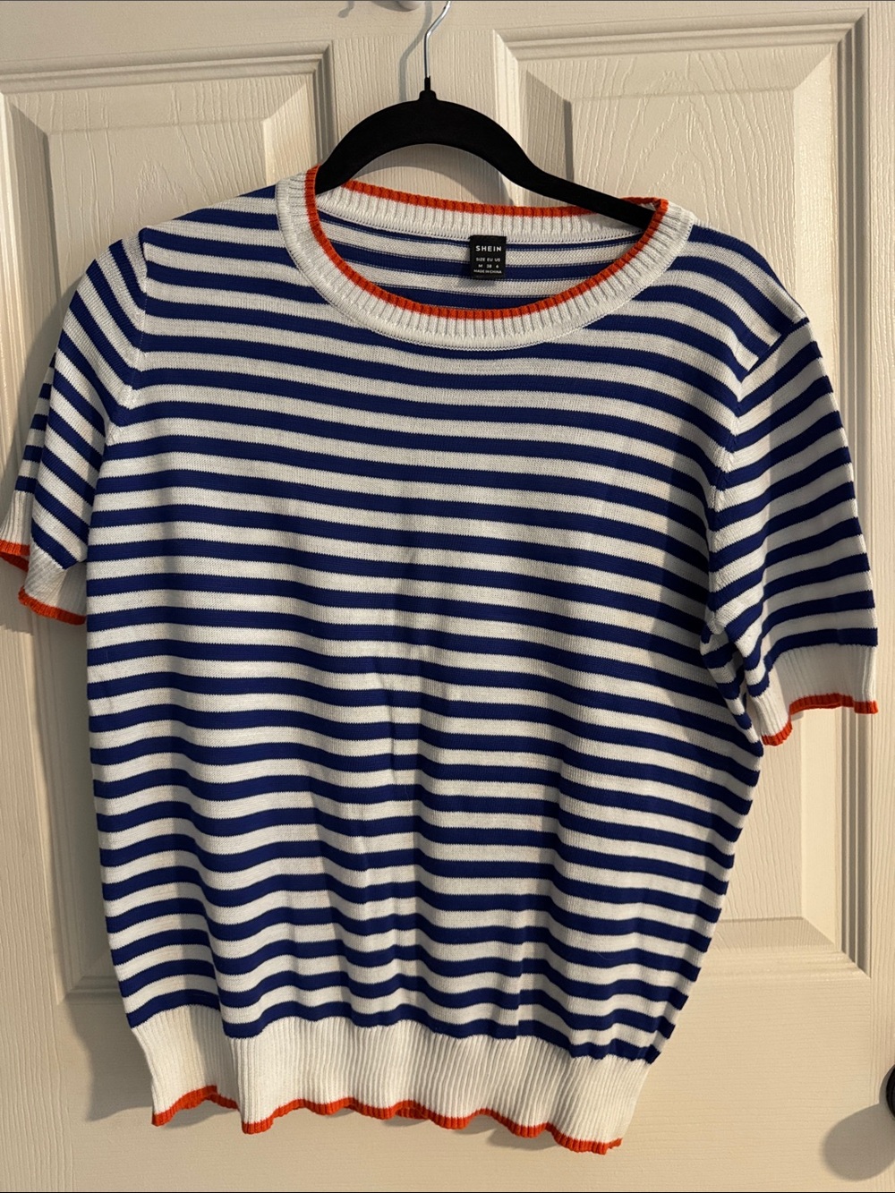 SHEIN Blue & White Striped Crewneck Sweater with Orange Trim